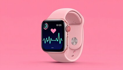 Pink smartwatch displays health data on a pink background