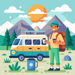 Eco-conscious Traveler with Solar-Equipped Van Vector Illustration
