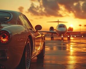 Obraz premium Golden Arrival A sleek, classic car sits poised on a wet tarmac against a backdrop of a private jet preparing for takeoff at sunset. The sky is ablaze with golden hues