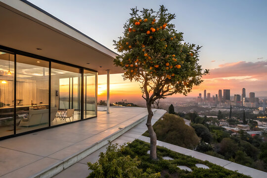 Elegant outdoor patio with stylish furniture, a private pool, and sunset views, perfect for relaxation and entertainment