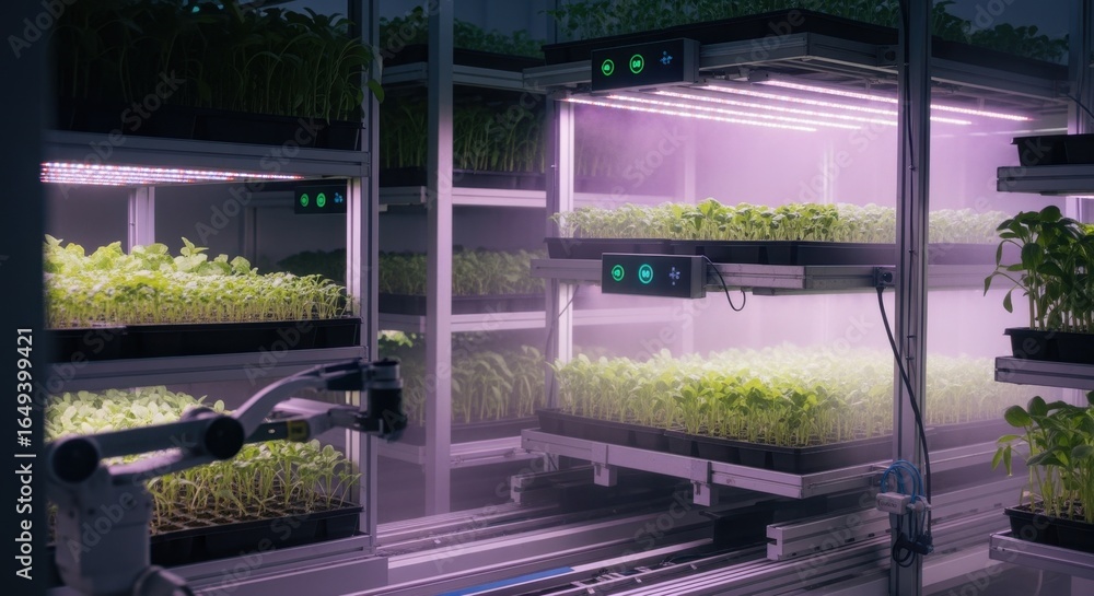 Poster vertical farming setup with automated seedling trays cycling through light and humidity zones for un
