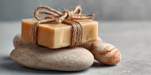 Natural Soap with Rustic Twine Decoration and Smooth Stone on Minimalist Background for Spa and Wellness Themes