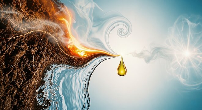Elemental alchemy with earth, fire, water, and golden drop.