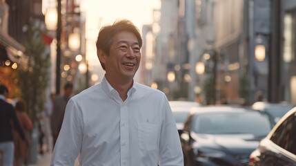 Fototapeta premium Middle-aged man in white shirt walking down the street with a smile during the day, city as backdrop under soft lighting, capturing a friendly urban moment suitable for advertising.