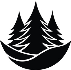 Obraz premium Minimalist black silhouette vector illustration of three evergreen pine trees on snowy ground