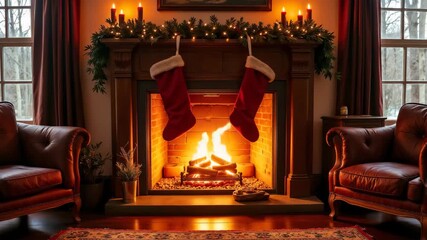 Crackling fireplace with bright flames and wooden mantel create a warm and inviting scene. Crackling fireplace is enhanced by holiday stockings, candles and festive decorations. - Powered by Adobe