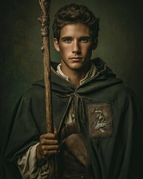 Studio depiction of Saint Raphael with olive backdrop.