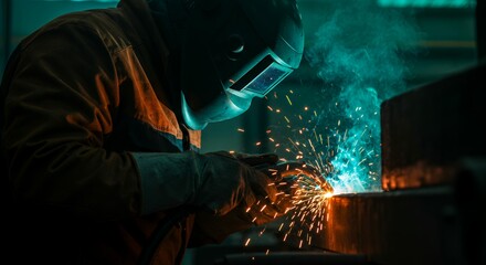 Professional welder performing metal fabrication with arc welding torch creating bright sparks in industrial workshop environment