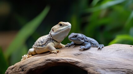 Obraz premium Close-up of Two Colorful Lizards on a Wooden Log in Nature Setting