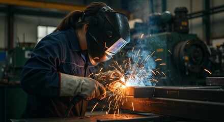 Female welder performing precision metal fabrication with arc welding torch in professional industrial workshop environment