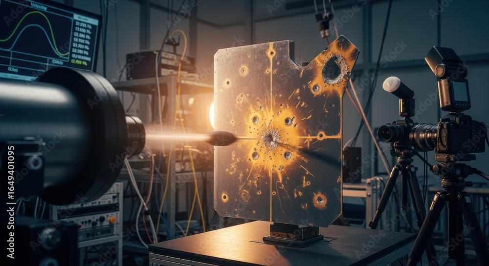 Poster Laboratory setup featuring a ballistic barrel launching micrometeoroid simulants at an orbital shield panel for hypervelocity impact research.