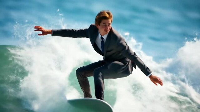 A businessman surfing on the open sea with big waves. 4k video