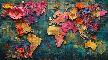 Global Map Collage with Diverse Cultures, Colorful Urban Patterns on Paper Texture, Abstract Cultural Art
