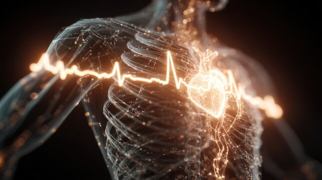 Medical visualization displaying a transparent human chest, highlighting a vibrant, glowing heart with an animated electrocardiogram tracing its rhythmic pulses