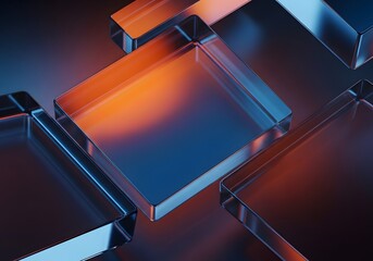 Abstract black 3d background with glass transparent square plate shapes row render. Iridescent crystal cube block pattern with terracotta blue gradient. Futuristic digital tech banner. 3D illustration