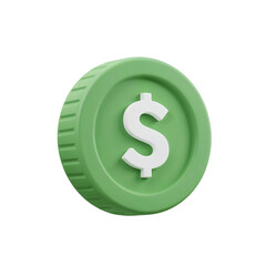 A realistic 3d render of a green coin with a white dollar sign symbol in the center isolated on transparent background