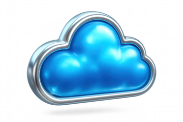 Glossy blue cloud icon with silver border representing cloud computing, data storage, and online services, on a transparent background