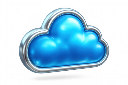 Glossy blue cloud icon with silver border representing cloud computing, data storage, and online services, on a transparent background