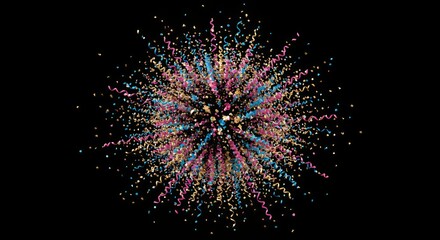 Colorful ribbon and confetti explosion burst with pink blue and gold streamers dispersing in circular pattern on black background for celebration