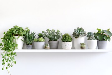 Fototapeta premium Variety of potted succulent plants displayed neatly on a white shelf against a white wall