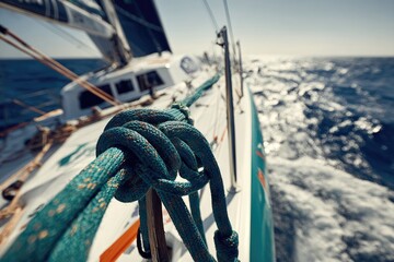 Obraz premium Ocean racing yacht's bow, close-up on ropes