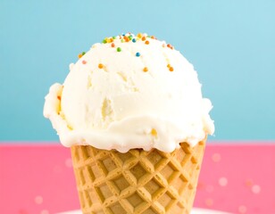 Close-up of vanilla ice cream in waffle cone