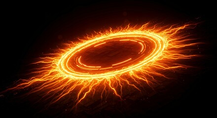 Fiery orange and yellow flame vortex with swirling energy spiral and explosive light particles, intense heat visualization for fire power and cosmic phenomena concepts