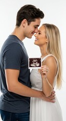 Naklejka premium Love's Beginning: A tender moment unfolds as a loving couple shares an ultrasound image of their unborn child, bathed in natural light, symbolizing new beginnings.