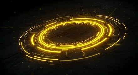 Bright yellow glowing circular holographic HUD interface with detailed segmented rings and measurement indicators on dark grid background