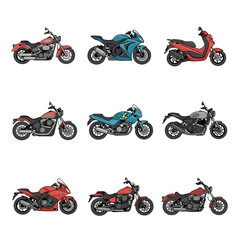 A diverse set of vector icons featuring various motorcycle styles like cruiser, sportbike, scooter, and standard bikes.