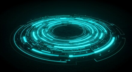 Cyan blue holographic circular HUD display with segmented rings and technical data elements on dark background for advanced interface design