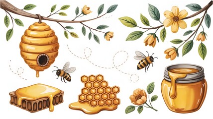 Watercolor illustration of a bee, beehive, honeycomb, and jar of honey with flowers and leaves, representing nature, sweetness, and organic products in a vibrant and cheerful style