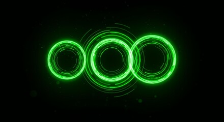 Glowing green neon circular HUD interface with concentric rings and digital particles on black background for futuristic technology design