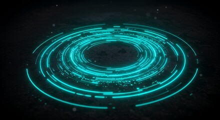 Teal cyan glowing concentric circular rings with segmented gaps and particles floating on dark background for sci-fi technology visualization