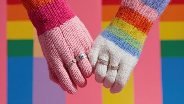 Close-up of two hands wearing colorful mittens, holding hands, rings on fingers, rainbow background
