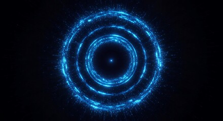 Bright blue neon circular portal with radiating light beams and glowing concentric rings on dark background for cosmic energy visualization