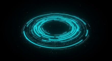Turquoise cyan neon circular HUD interface with layered concentric rings and dotted segments on dark gradient background for technology display