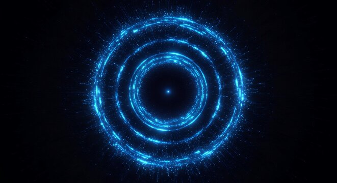 Bright blue neon circular portal with radiating light beams and glowing concentric rings on dark background for cosmic energy visualization