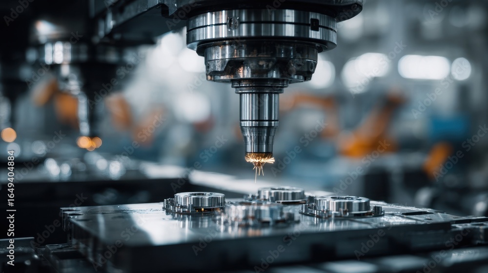 Poster modern automated machining processes cutting through metal workpieces, sending sparks flying in an a