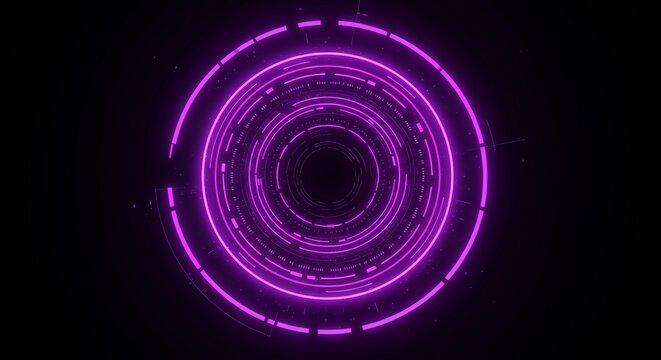 Vibrant magenta purple circular HUD display with segmented technical rings and digital data elements on dark background for advanced interface
