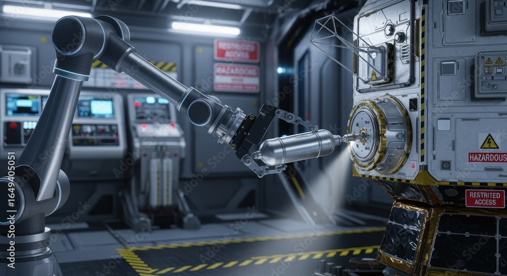 Poster robotic arm precisely handling satellite xenon tank connections in a classified fueling bay with str