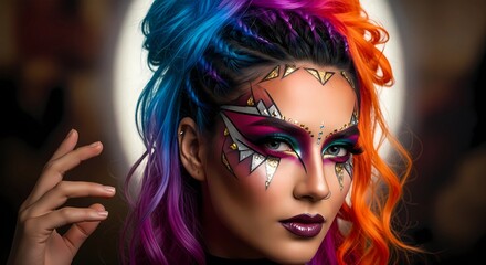 Naklejka premium Creative Makeup Art and Colorful Hair Fashion Portrait
