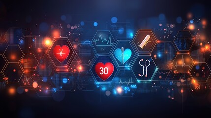 Fototapeta premium Abstract Medical Technology Background with Health Icons, Blue Hexagon Pattern for Modern Hospital Concept 