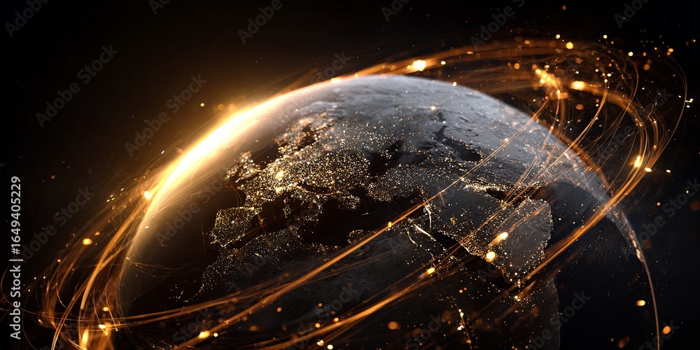Poster stunning 3d render of planet earth with glowing lights and dynamic orbiting lines on a black backgro
