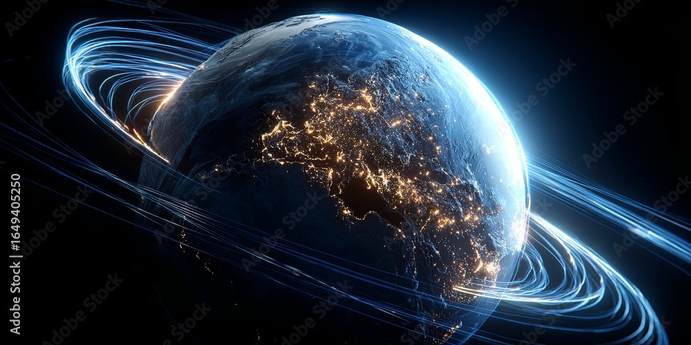 Poster stunning 3d render of planet earth with glowing lights and dynamic orbiting lines on a black backgro