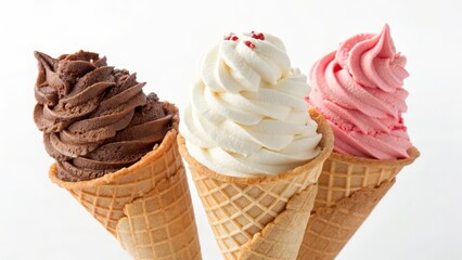 Three Delicious Ice Cream Cones with Swirls of Flavorful Toppings