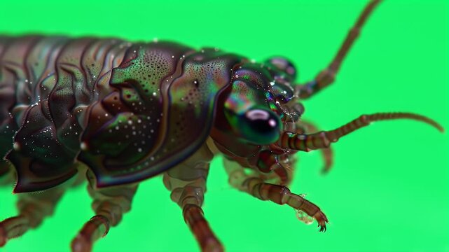 Detailed Macro Shot of a Mysterious Multi-legged Insect with Iridescent Exoskeleton on Green Screen, Highlighting its Alien-like Appearance and Shi...