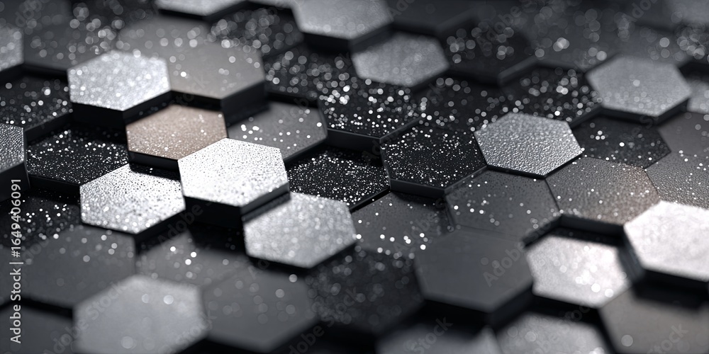 Poster abstract hexagonal pattern in shades of black, gray, and white, creating a modern geometric design i