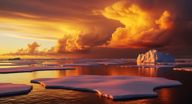 Dramatic sunset over icebergs in the arctic ocean with stunning clouds - Powered by Adobe
