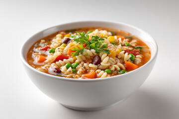 Bowl of Italian minestrone soup with rotini, beans, and vegetables 
